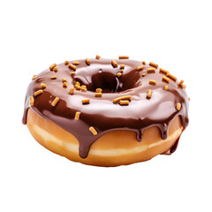 Donut nwith melted chocolate and decorative sprinkles, isolated on white background. 
