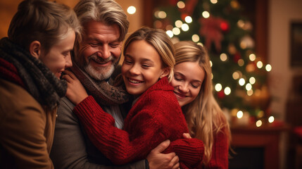Fototapeta na wymiar A joyful family share a warm embrace, laughing and smiling against a backdrop of a twinkling Christmas tree.