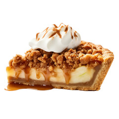 Slice of crumble cheesecake isolated on white background. 