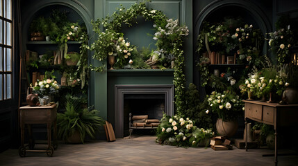 Fototapeta na wymiar Floristry studio interior with wreath and potted flowers,Generative Ai.