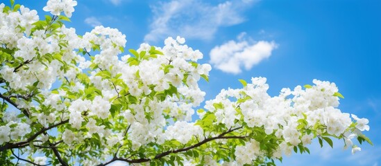 In the garden against a backdrop of blue skies a vibrant tree boasts its leafy branches adorned with white floral blooms adding a touch of beauty to the lush green surroundings of nature in 