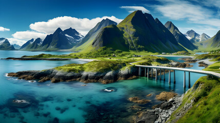 Fredvang bridges panorama. lofoten islands is an archipelago in the county of nordland,Generative Ai. - obrazy, fototapety, plakaty