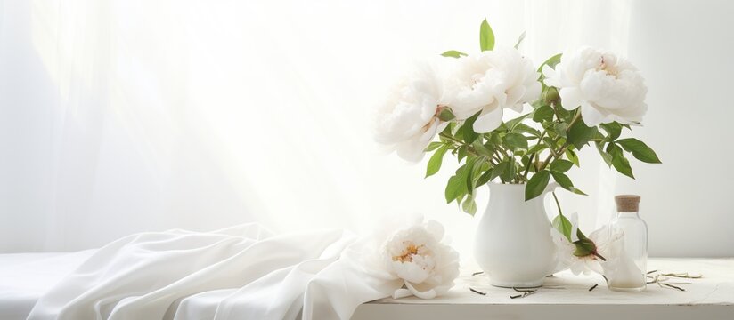 Vase with white peony flowers in living room decoration. AI generated image