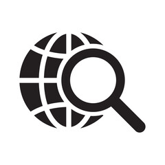 Magnifier and globe icon, search for a place on a map or on the globe icon. The icon of the magnifying glass and planet Earth.