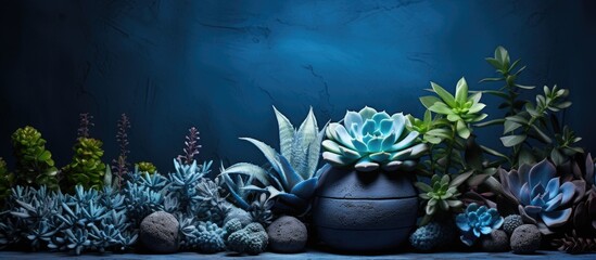 In the lush African garden a vibrant blue Senecio Serpens plant with its succulent leaves stands out against the chalky background creating a captivating and tropical design infused with the