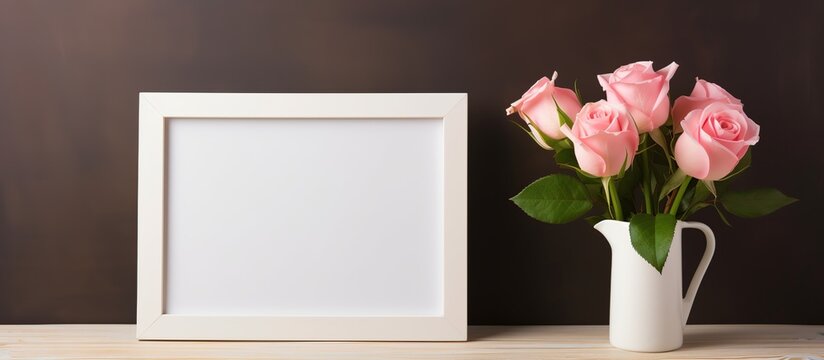 Beautiful pink rose in vase with empty frame mock up background. AI generated image
