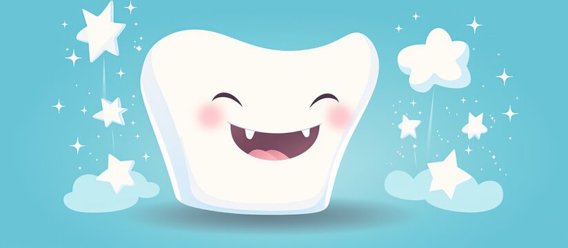 3D rendering happy cute tooth character on blue background. AI generated image