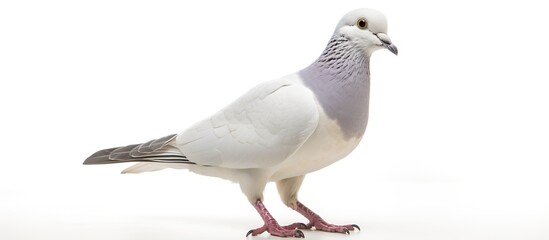 A white dove looking for food in the white background. AI generated image