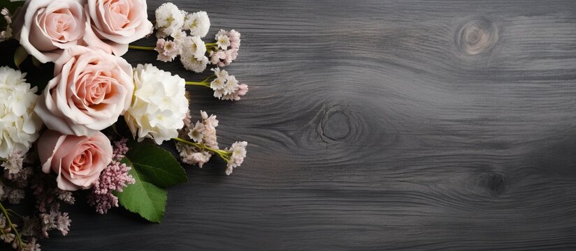 Beautiful flower bouquet on the dark wooden background. AI generated image