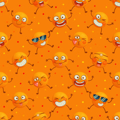 Funny oranges seamless vector pattern, cute orange characters cartoon illustration, happy smiling fruits enjoy the summer party design