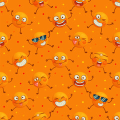 Fototapeta premium Funny oranges seamless vector pattern, cute orange characters cartoon illustration, happy smiling fruits enjoy the summer party design