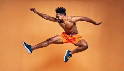 Fototapeta na wymiar Athletic man jumping in dynamic pose, dance, wearing orange shirt and pants, yellow background, studio portrait