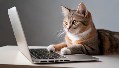 Cat working on a laptop - obrazy, fototapety, plakaty