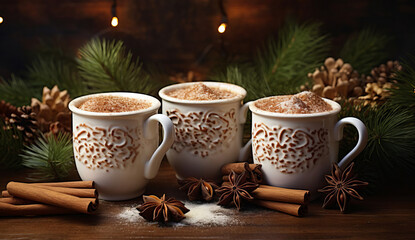 Obraz na płótnie Canvas Christmas spiced milk drink, eggnog, in porcelain mugs.