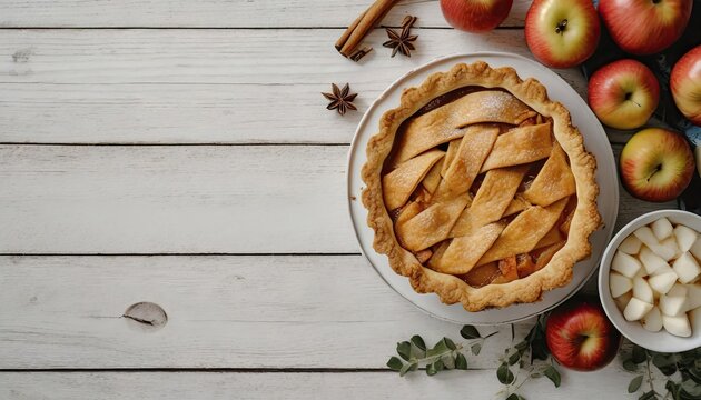 Apple pie on white wood plank table, flat lay with copyspace, top view, fall food, Thanksgiving cooking