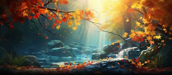In autumn the vibrant colors of the leaves create a mesmerizing splash of beauty against the green and blue backdrop of nature s landscape making it the perfect background for a relaxing tr