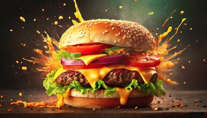 Exploding cheeseburger sandwich - obrazy, fototapety, plakaty