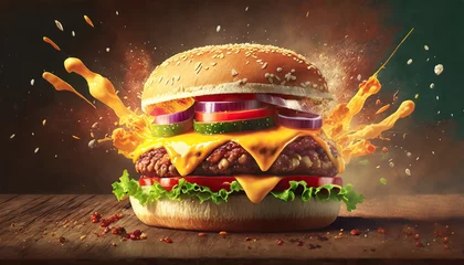Tuinposter Exploding cheeseburger sandwich © Marko