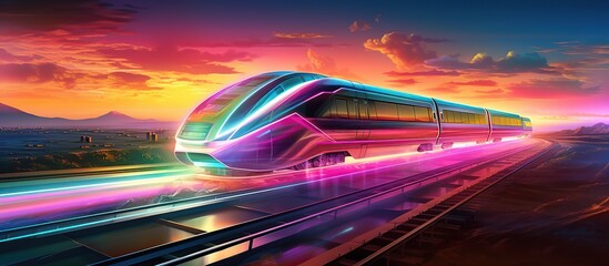 Colorful holographic High-speed train on dark background. AI generated image - obrazy, fototapety, plakaty