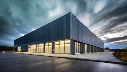 Modern sleek warehouse office building facility exterior architecture, steel, night, cloudy, overcast - obrazy, fototapety, plakaty