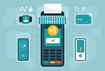 Future Contactless Payment, Cashless Payment To Merchant & customer, Payment Processing, Payment Accepted, Transaction at Register to Pay, Securely Pay By Cell Phone, Credit Card, Smart Watch Concept