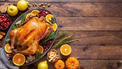 Thanksgiving whole roast turkey and citrus fruit on brown wood plank table, flat lay with copyspace, top view, fall food cooking