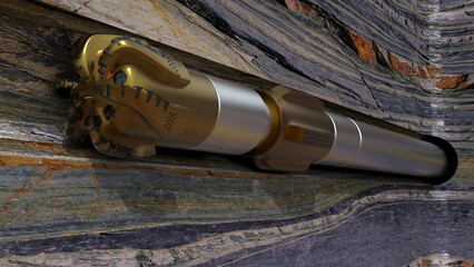 3D modeling and rendering illustrating of down hole or subsurface view well bore with drill bit and pipe penetrating rock layer formation