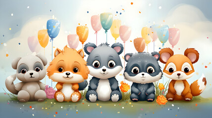 Happy birthday background with cartoon animals character,generated Ai.