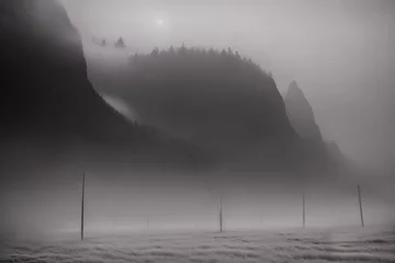 Fotobehang Heavy fog field landscape with pine forest hills. © Roman