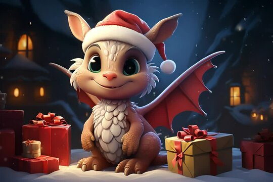 cute little dragon with gifts for Christmas. illustration cartoon . High quality FullHD footage