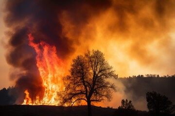 Fototapeta premium Raging pine tree fire across the hill