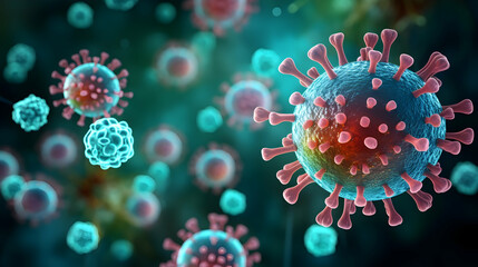 Human pathogenic virus and bacterias under microscope,generated Ai.