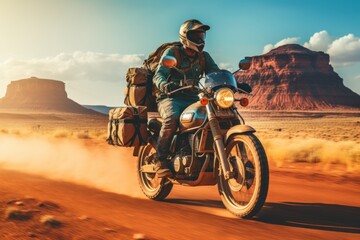 Adventurous motorcyclist exploring winding mountain roads on an exhilarating cross country tour
