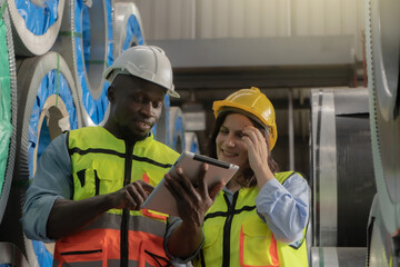 Professional team and discussion in warehouse, employees working in industrial warehouse Using a tablet during the workday at a factory warehouse teamwork concept