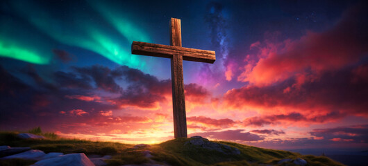 Fototapeta na wymiar wooden religious cross on the hill with beautiful northern lights and sunset