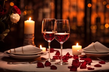 Romantic dinner. Served table with candles, roses and two wine glasses. AI generative