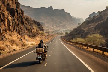 Fototapeta premium Thrilling mountain road trip adventurous motorcyclist touring breathtaking scenic routes