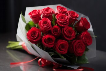 Beautiful red roses bouquet with a drops of water on petals. AI generative