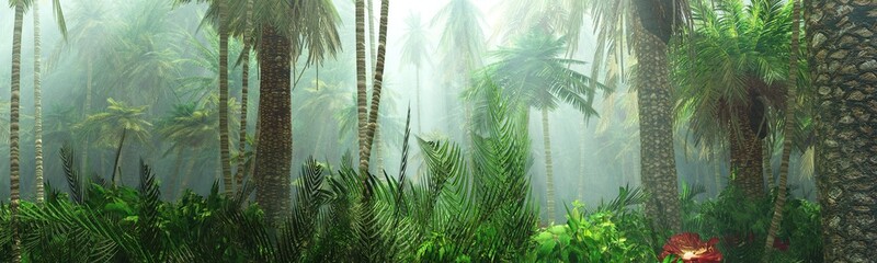 Jungle, beautiful rainforest in the fog, palm trees in the haze, jungle in the morning in the fog, 3D rendering