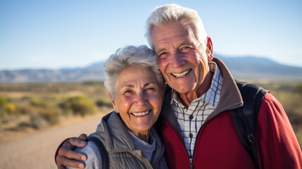 Elderly couple with joyful smiles, taking a selfie while hiking outdoors, equipped with backpacks, hats, and sunglasses, amidst a lush green forest backdrop.