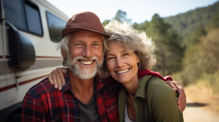 Elderly couple with joyful smiles, taking a selfie while hiking outdoors, equipped with backpacks, hats, and sunglasses, amidst a lush green forest backdrop.
