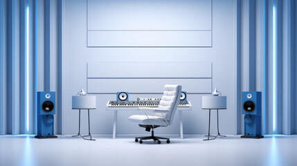 Minimalistic modern sound room design. 3d render illustration style. Interior of professional music recording room. 