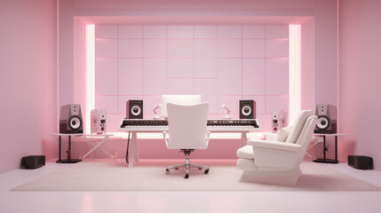 Fototapeta na wymiar Minimalistic modern sound room design. 3d render illustration style. Interior of professional music recording room. 