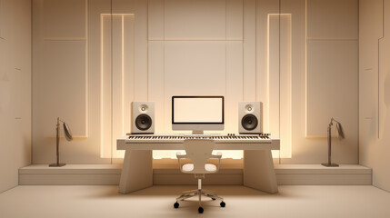Minimalistic modern sound room design. 3d render illustration style. Interior of professional music recording room. 