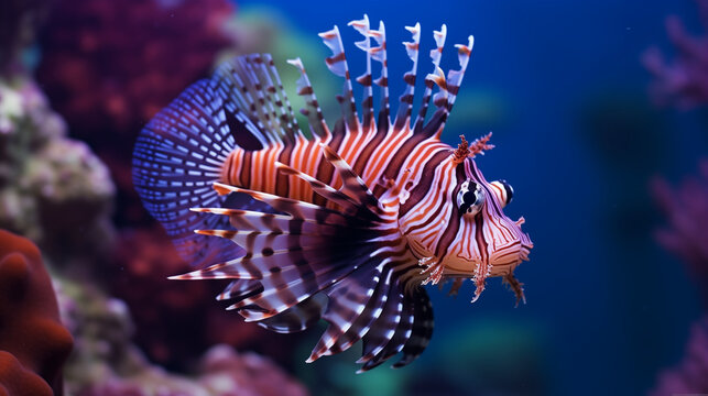 Dwarf Lionfish Close-up on Coral Reefs