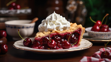 Delicious triangular slice of cherry pie with shortbread dough and whipped cream custard. A berry dessert portion with caramelized cherry berries. - obrazy, fototapety, plakaty