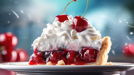 Delicious triangular slice of cherry pie with shortbread dough and whipped cream custard. A berry dessert portion with caramelized cherry berries. - obrazy, fototapety, plakaty