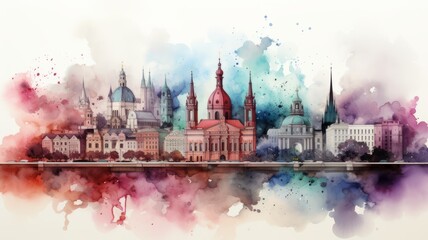 An illustration of Cologne's old town in colorful watercolors, isolated on a white background