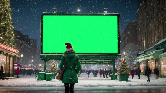 blank mock up for green screen billboard in Xmas winter