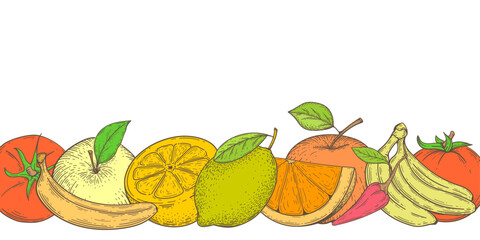 Multi-colored bright vegetables and fruits. Drawing Apple, lemon, banana, pepper Vector illustration. Vegan food.